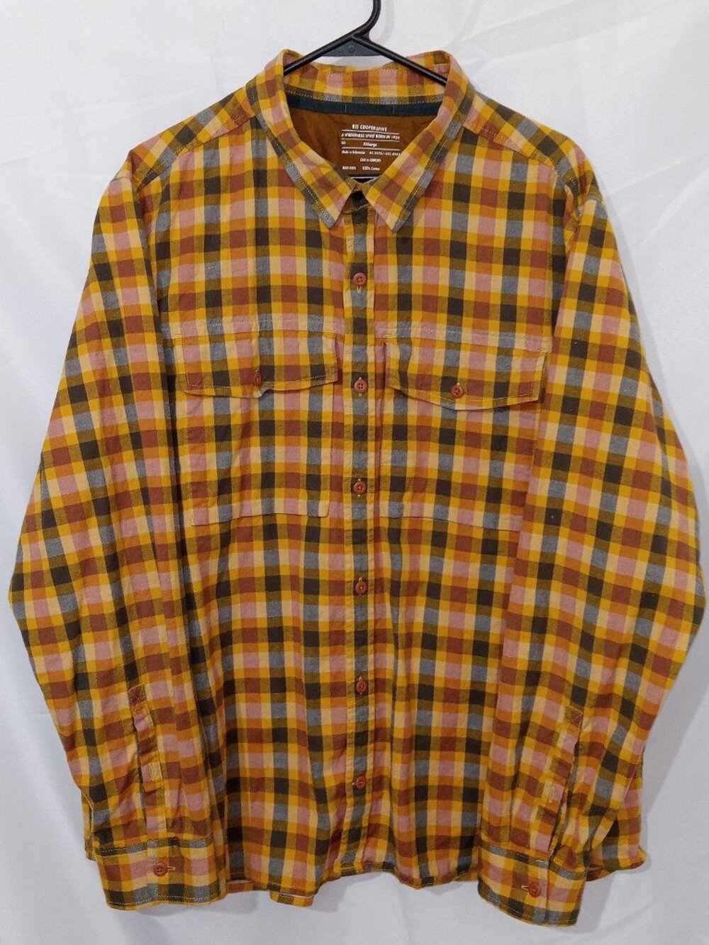 REI Co-op Plaid Flannel Shirt Mens XXL Orange Yellow Cotton Hiking Outdoor